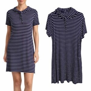 Rubee Womens Striped Hooded T-Shirt Dress Purple White Short Sleeve Size L